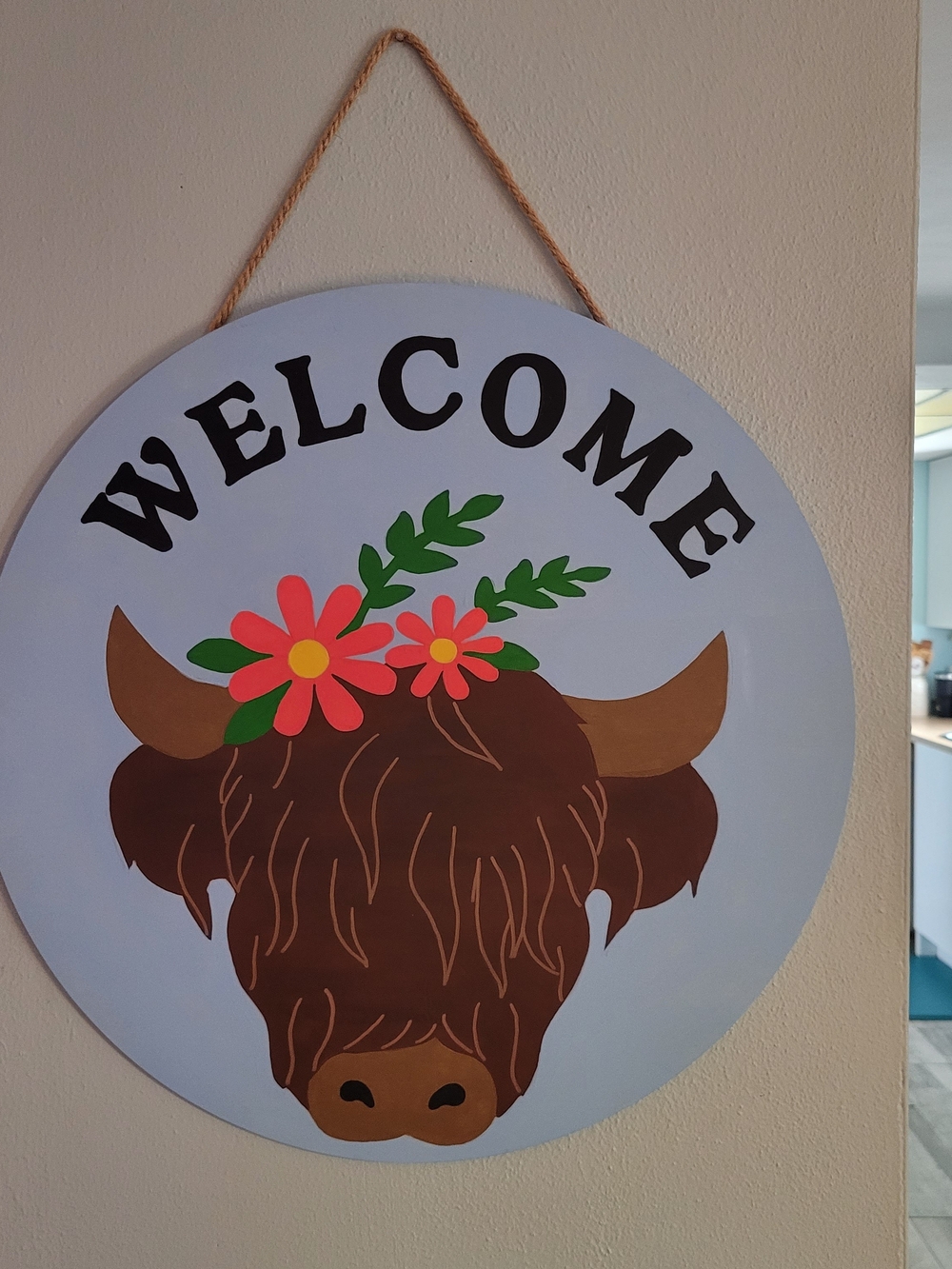 Welcome Highland Cow Wall Sign - Gray and Brown